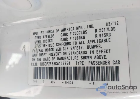 2012 Honda Accord 2.4 Se z USA, uszkodzony, nr VIN 1HGCP2F68CA102954